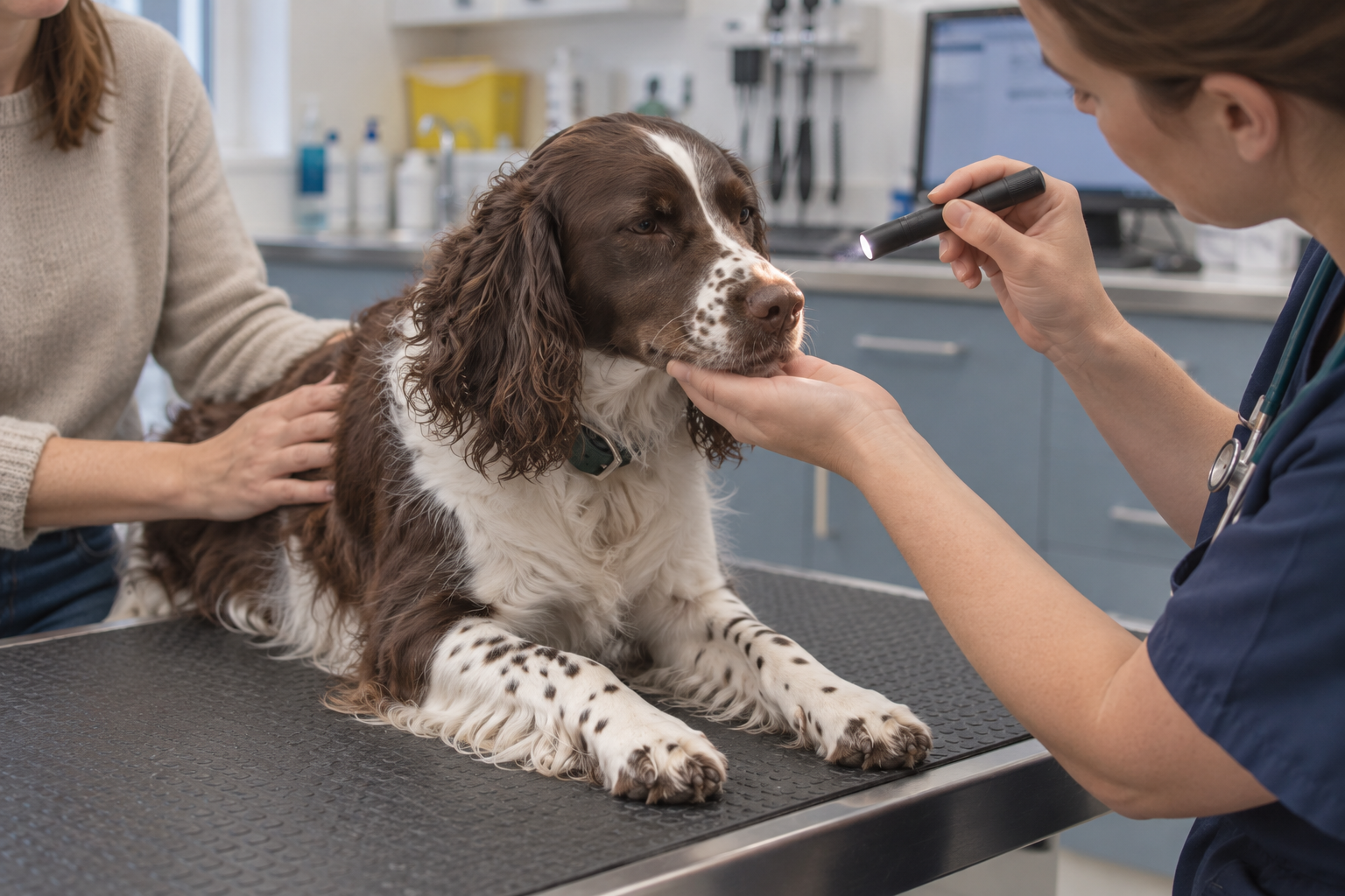 Veterinárka vyšetruje nos ležiaceho anglického špringeršpaniela